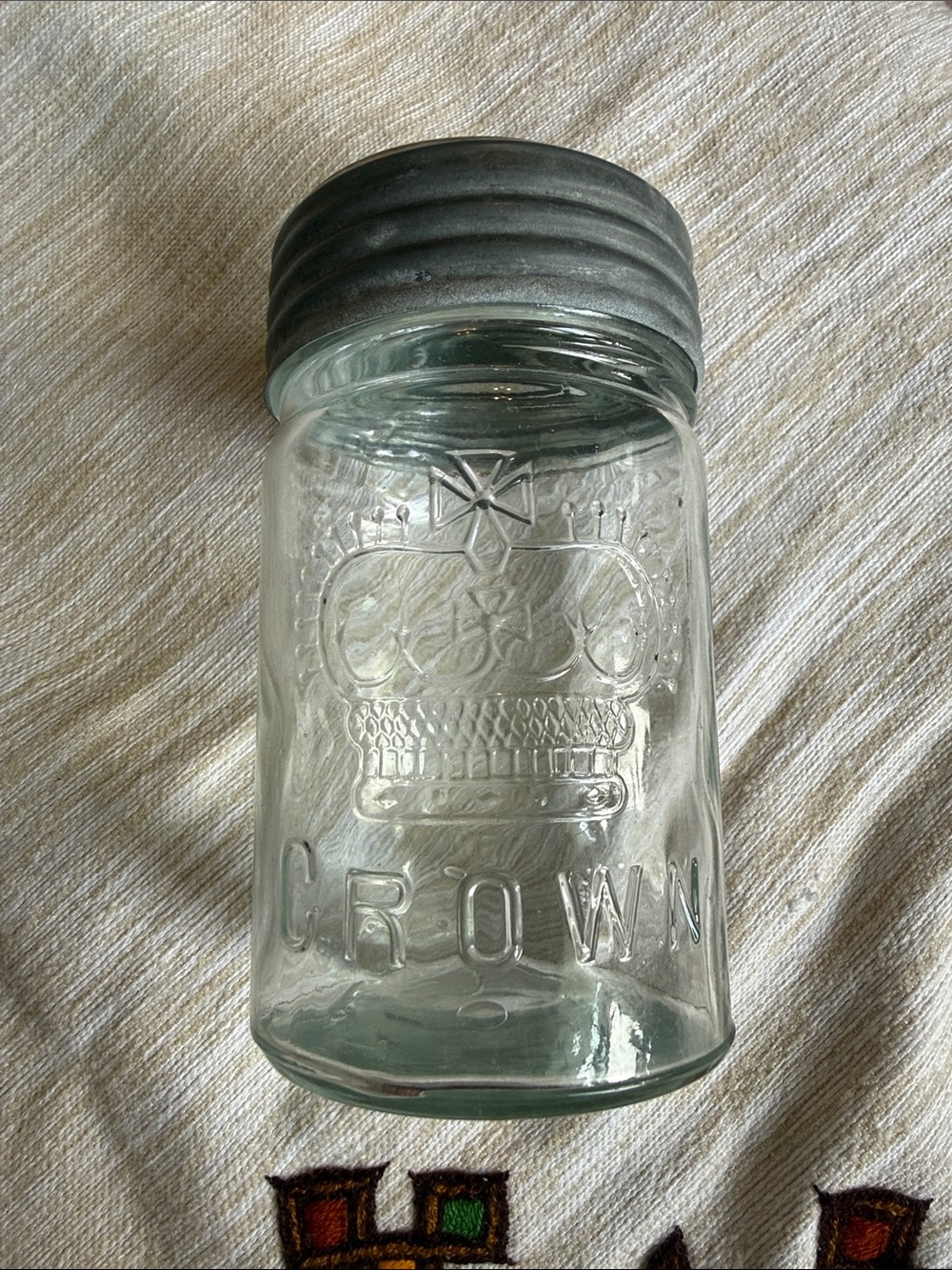Crown Clear Glass Embossed Storage Jar Metal glass Lid Vintage 5.5” tall
